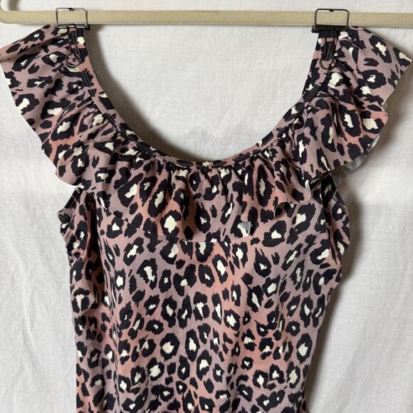 G.I.L.I. One-Piece Size 8 Swimsuit Mauve Leopard Convertible Ruffle Top Y2K 90s - Picture 1 of 5